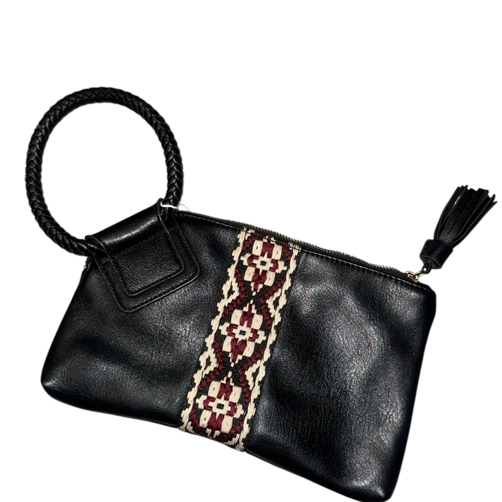 Black Leather Handbag with Embroidered Detail